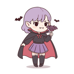 chibi-style girl vampire, wearing a small skirt and cape too big for her, holding a bat-shaped lollipop
