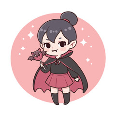 chibi-style girl vampire, wearing a small skirt and cape too big for her, holding a bat-shaped lollipop
