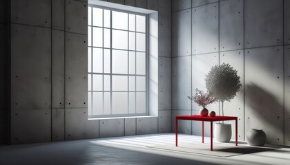 Modern indoor space with concrete walls and simple decor featuring a red table and potted plants during daylight