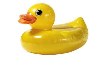 Bright yellow rubber duck toy floating isolated with smooth texture and glossy surface isolated on white background