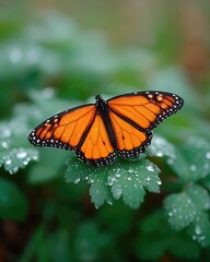 Fototapeta premium Macro Close Up Of Monarch Butterfly On Green Leaf With Water Droplets