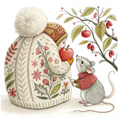 Fluffy Knitted Wool Apple with Embroidered Floral Patterns Illustration