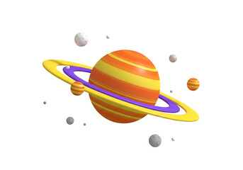 Stylized planet with rings and moons isolated on white background