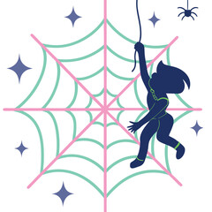 Dynamic silhouette woman swings on spider web, embracing adventure and overcoming challenges with vibrant style