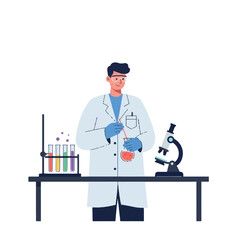 A focused scientist in a lab coat precisely mixes chemicals in a beaker during an experiment, surrounded by a test tube rack and microscope on a lab bench in a vibrant 2D flat vector illustration.