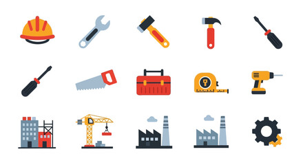 Collection of construction tools and industrial building icons.