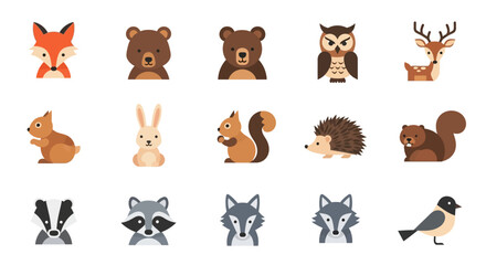 Fototapeta premium Collection of cute cartoon forest animals in a flat design style.
