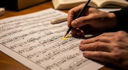Close-up of a person's hands writing on a sheet of musical notation, highlighting notes on a wooden desk.