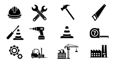 Construction and Industry Icons - Tools, Equipment, and Infrastructure Symbols.