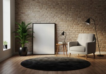 Stylish Industrial Living Room: Exposed Brick Wall, Cozy Armchair, Blank Frame Mockup, and Green Plants