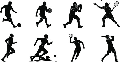 Sports silhouettes, football player, soccer action, basketball jump, volleyball spike, swimmer, runner, cyclist, athletic motion, black illustration, fitness