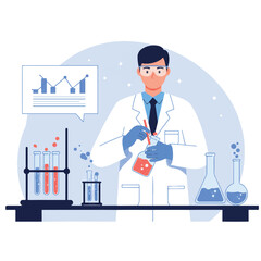 Vibrant 2D flat vector illustration of a male scientist in a lab coat and safety goggles mixing chemicals in a beaker on a lab bench, with test tubes and flasks.