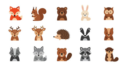 Fototapeta premium Cute Cartoon Woodland Animal Faces Vector Collection.