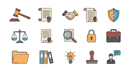 Legal and Business Icons - Justice, Contracts, Security, and Innovation.