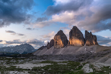 Famous Tre Cime di Lavaredo at summer time. Landscape of Alps Mountains. Dolomites, Alps, Italy, Europe (Drei Zinnen)