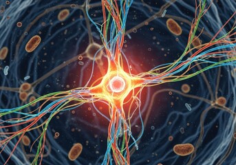 illustration of a neuron cell transferring signals in abstract macro space
