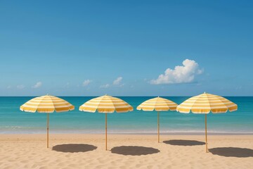 Four colorful beach umbrellas provide shade on a sunny day along the serene shoreline with calm waves