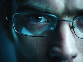 Ultra close-up view of a young mans eye wearing glasses