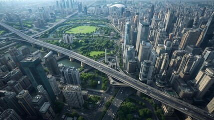 A vibrant urban scene with tall skyscrapers of various architectural designs, mixed with green spaces and trees scattered