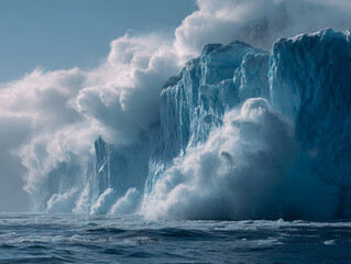 Massive iceberg calving into ocean, dramatic icy cliffs and splashing water under cloudy sky, evoking awe and power in polar seascape