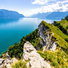 Panoramic view of a serene lake nestled amidst majestic mountains, viewed from a verdant hilltop