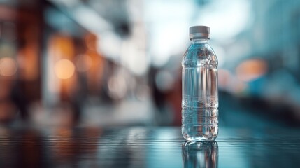 A plastic water bottle placed on a reflective glass surface with a blurred gradient background, minimalistic mockup-ready setup