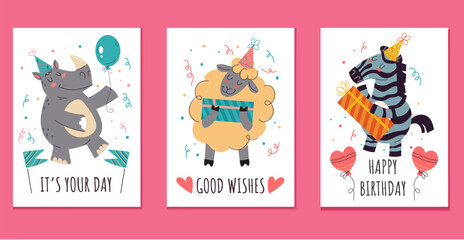 Birthday greeting card with animals isolated set. Vector design graphic illustration
