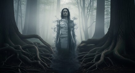 Ghostly woman figure in a misty forest with bare tree trunks and exposed roots