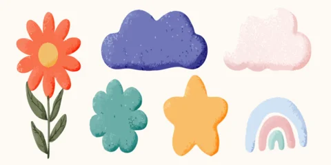 Fotobehang Naadloze wolken Colorful botanical & sky elements, flat with grainy texture  © Army