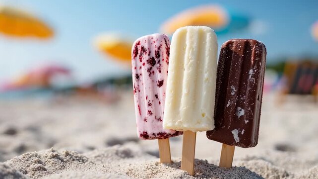 Melting ice cream popsicles on a hot sunny beach