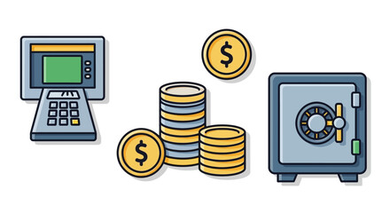 ATM, Stacked Coins, and Safe - Banking and Finance Icons.