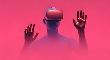 character with VR goggles immersed in backlit diffuse liquid with colorful background 