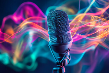 Generative AI sound waves visualized with glowing energy lines around speaker headphones mic representing music equipment