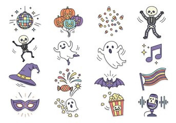 Collection of Halloween themed cartoon icons with pumpkins ghosts skeleton disco ball image