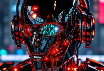 Fototapeta premium Sleek chrome robot head, glowing optic sensors, intricate circuitry visible, invention, sensor