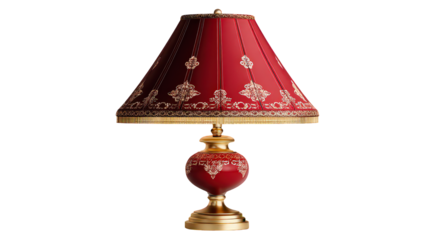 Red Table Lamp with Gold Accents and Floral Patterned Lampshade