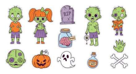 Obraz premium Cute cartoon zombie characters and Halloween icons for stickers girl ghost