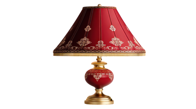Red Table Lamp with Gold Accents and Floral Patterned Lampshade