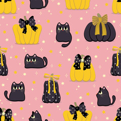 Happy halloween seamless pattern and background with elegant pumpkin with bows and cute black cats. Holidays cartoon character wallpaper.