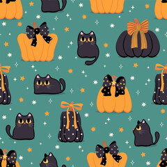 Happy halloween seamless pattern and background with elegant pumpkin with bows and cute black cats. Holidays cartoon character wallpaper.