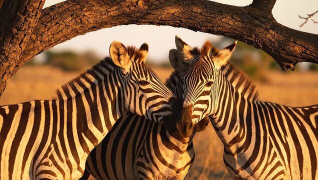 zebras grooming under tree branch at sunset