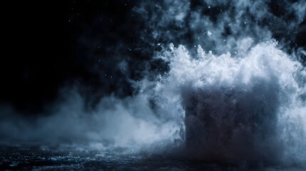 Naklejka premium A dramatic high energy eruption of white vapor or mist swirls dramatically against a dark starry background illuminated by bright focused lights