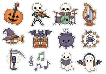 Cute Halloween characters playing musical instruments and related objects pumpkin guitar
