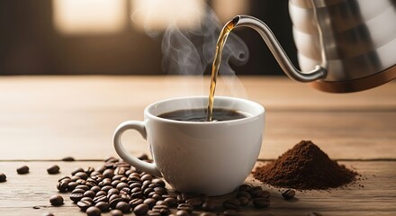 Freshly Brewed Coffee in Ceramic Cup – Warm Morning Ritual with Beans and Steam