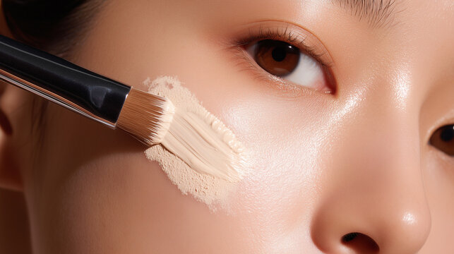 Ultra macro close up of Asian female cheek with smooth translucent skin applying beige liquid foundation with makeup brush, highlighting natural beauty and flawless texture