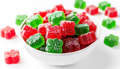 Red and green Christmas gummy candies in a bowl, white background. AI