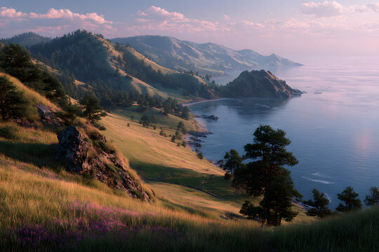 Great Baikal Trail. Popular route along lake Baikal shore from Listvyanka to Big Koty. Lake Baikal coast, hill with forest, water bay. Summer travel, discovery of beauty of Earth. Siberia, Russia
