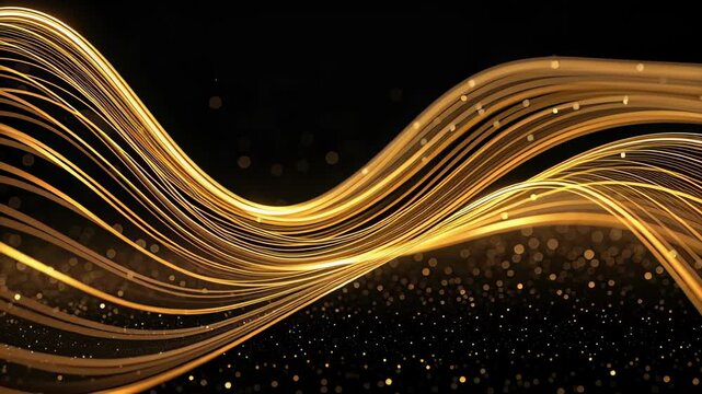 Abstract background black gold pattern glamour shiny wave lines flow across dark background glowing energy art with sparkle bokeh elegant motion
