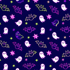 Cute halloween ghost and bat pattern seamless repeating digital fabric design spooky fun