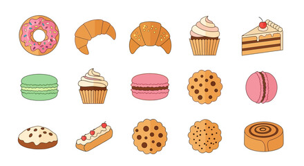 Collection of Sweet Treats - Donuts, Croissants, Cupcakes, Macarons, Cookies, and Cake.
